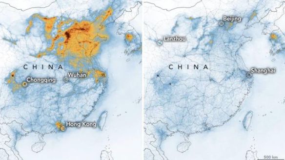 Carte montrant les concentrations en dioxyde d'azote en Chine entre janvier et février 2020